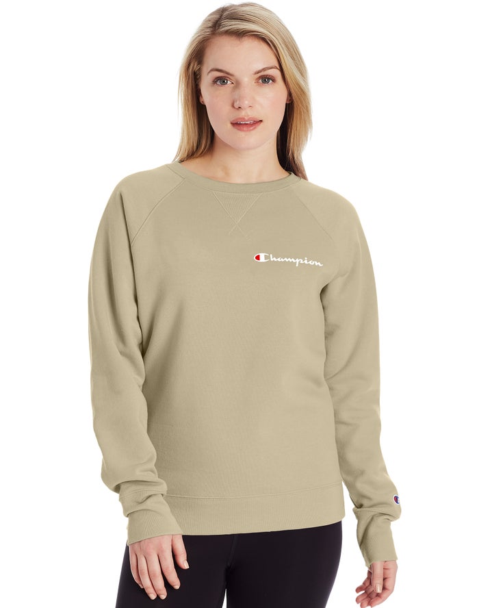 Champion Sweatshirt Dames - Khaki - Powerblend Fleece Classic Crew Script Logo ( 632405-OLM )